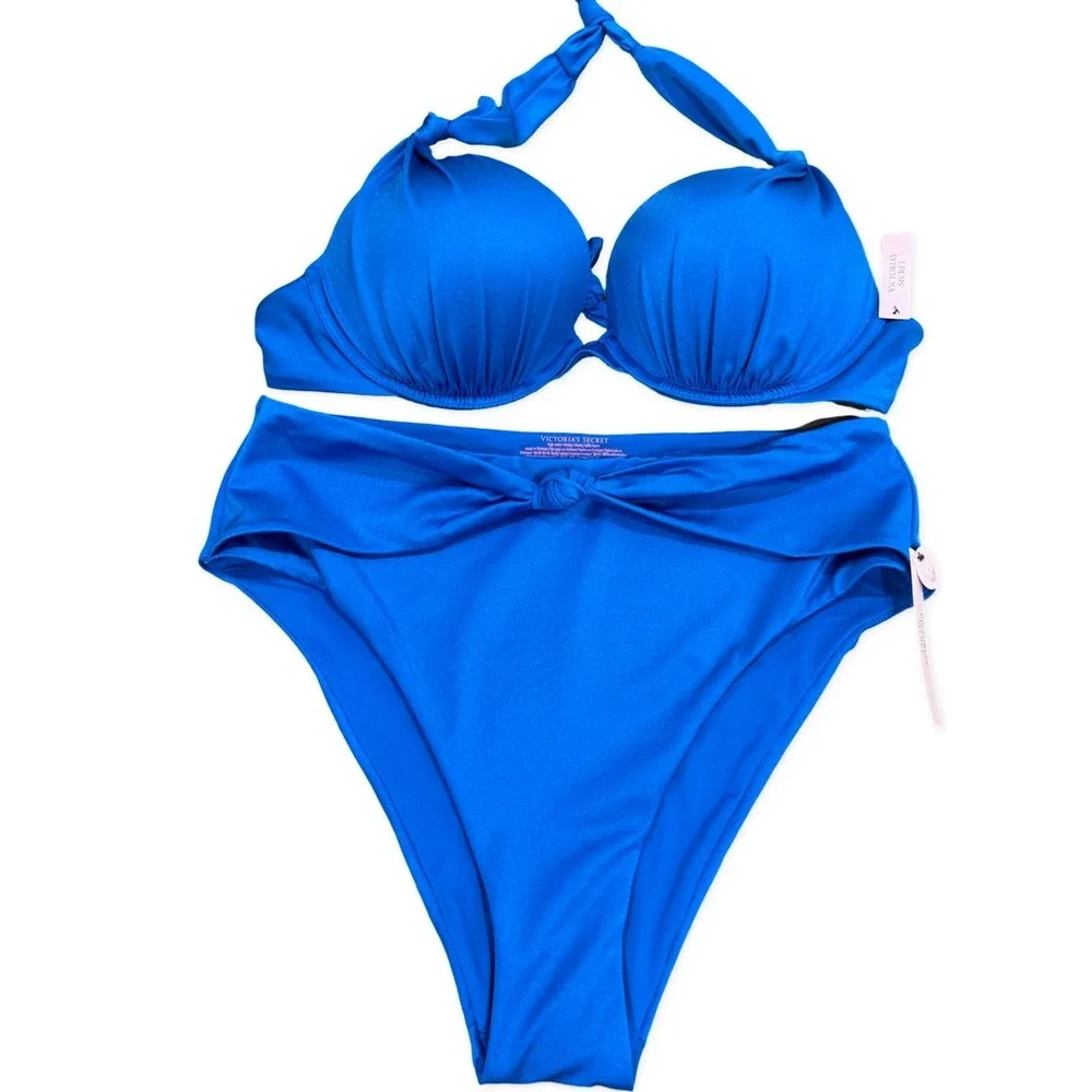 Victoria's Secret Swim Bikini Set Top Bottom Large Blue 36D Push Up Cheeky NEW - Picture 2 of 7